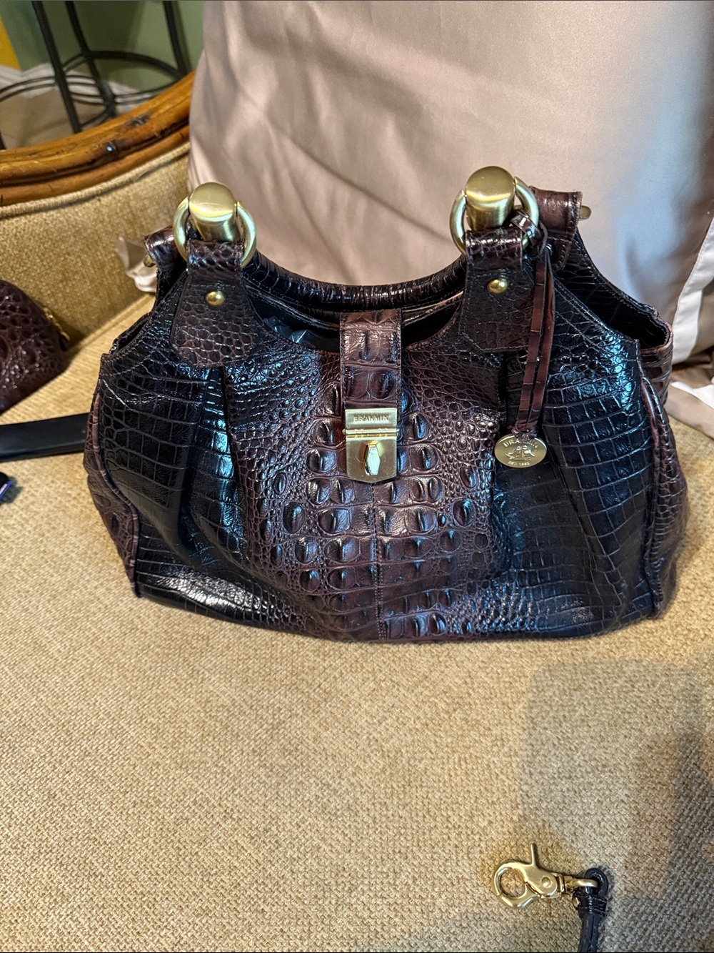 Brahmin Dark Brown Croc-Embossed Shoulder Satchel with Gold Hardware
